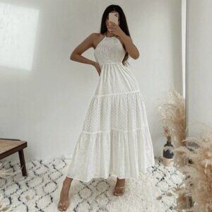 Zara Rare Eyelet Maxi Dress White Sleeveless Cutwork Embroidery Size L
